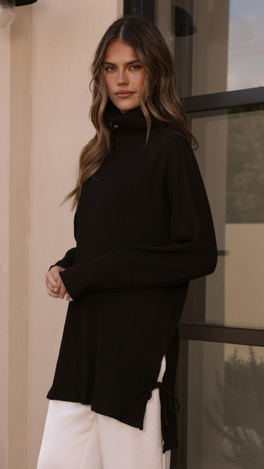 Ravio Oversized Longline Rib Knit Turtleneck Jumper – Black