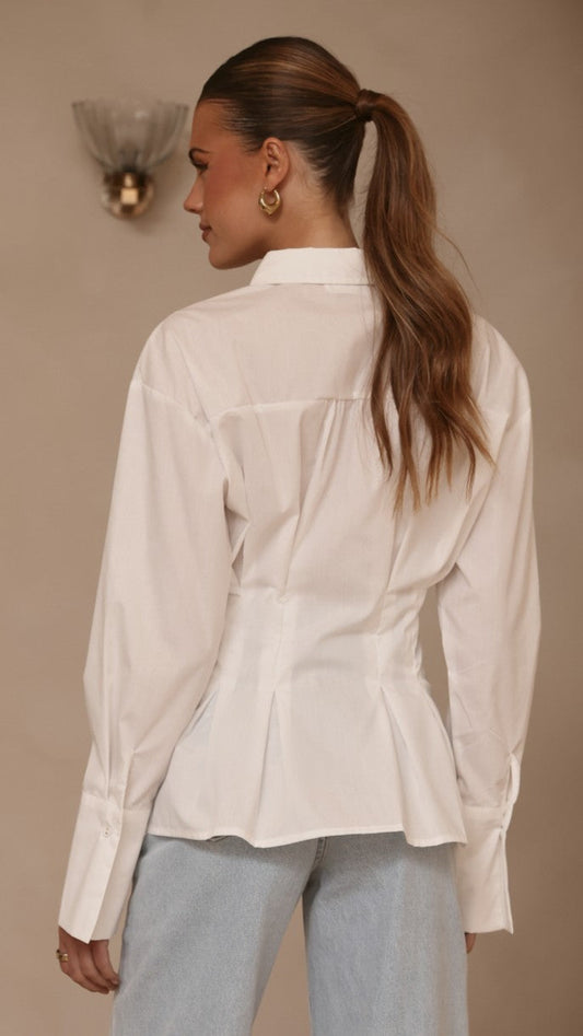 Riley Semi-Sheer Collared Blouse with Cinched Waist – White – view 2