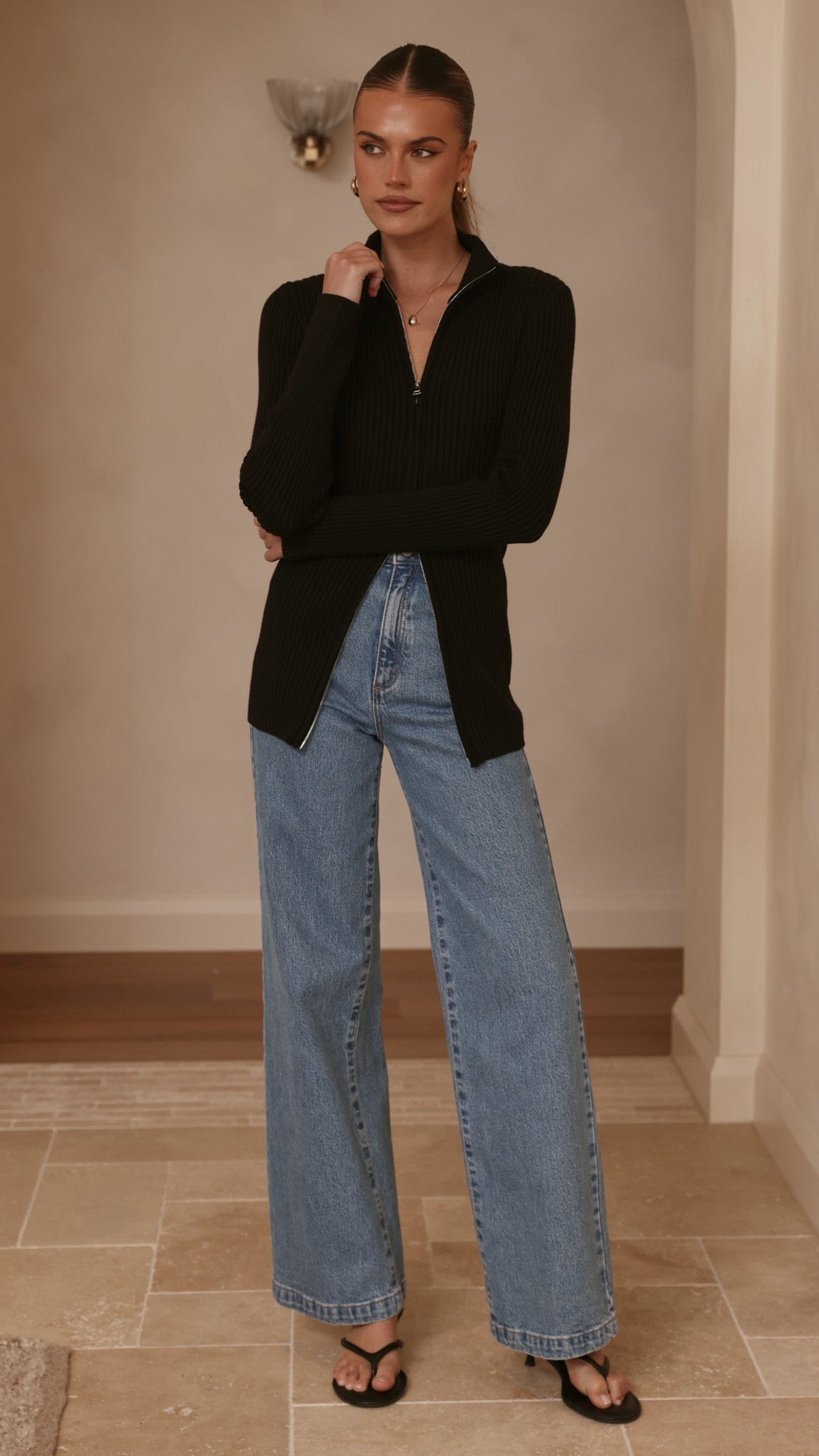 Cleo High Neck Dual Zip Ribbed Long Sleeve Top – Black – view 6