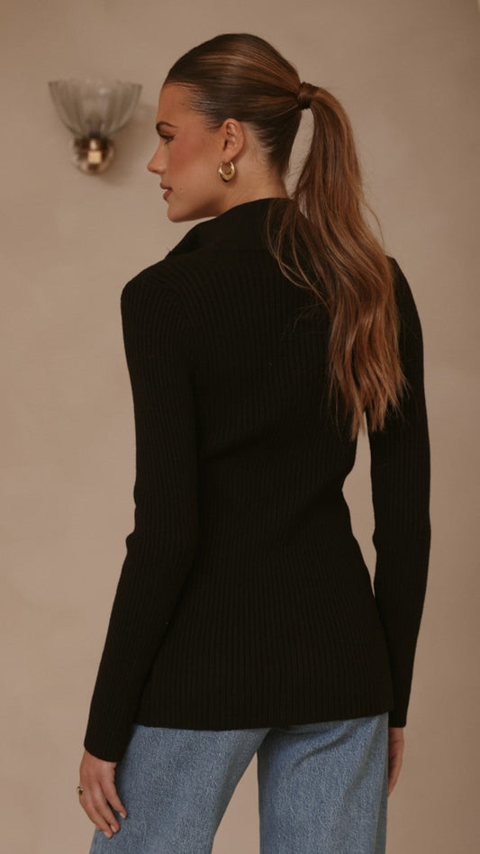 Cleo High Neck Dual Zip Ribbed Long Sleeve Top – Black – view 2
