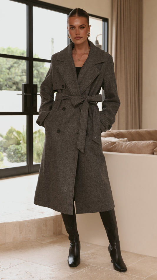 Aspen Longline Double-Breasted Coat with Waist Tie – Charcoal – view 2