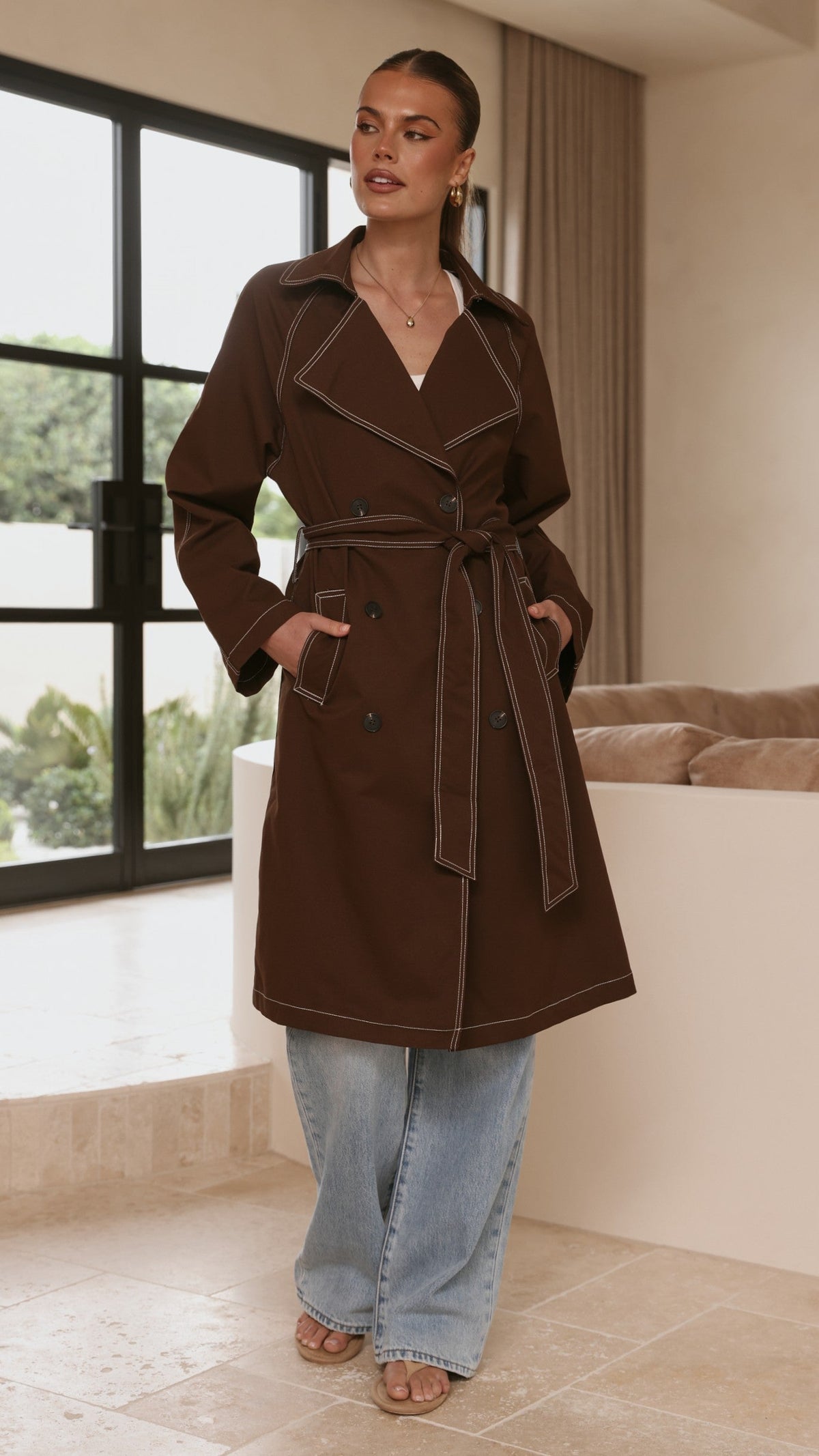 Cora Double-Breasted Longline Trench Coat with Tie Belt – Brown