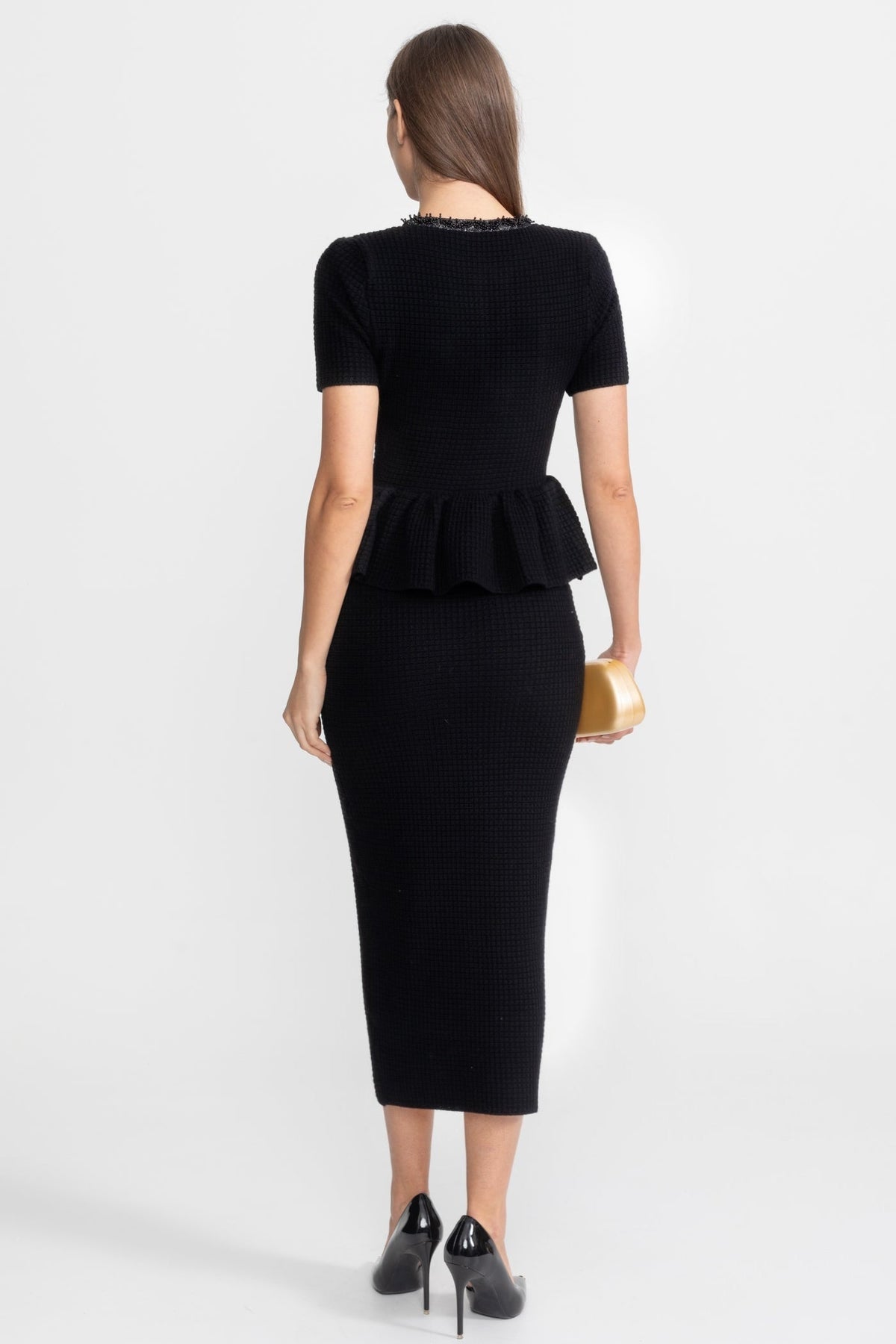 Textured Knit Peplum Midi Dress with Trim Detail – Black – view 6