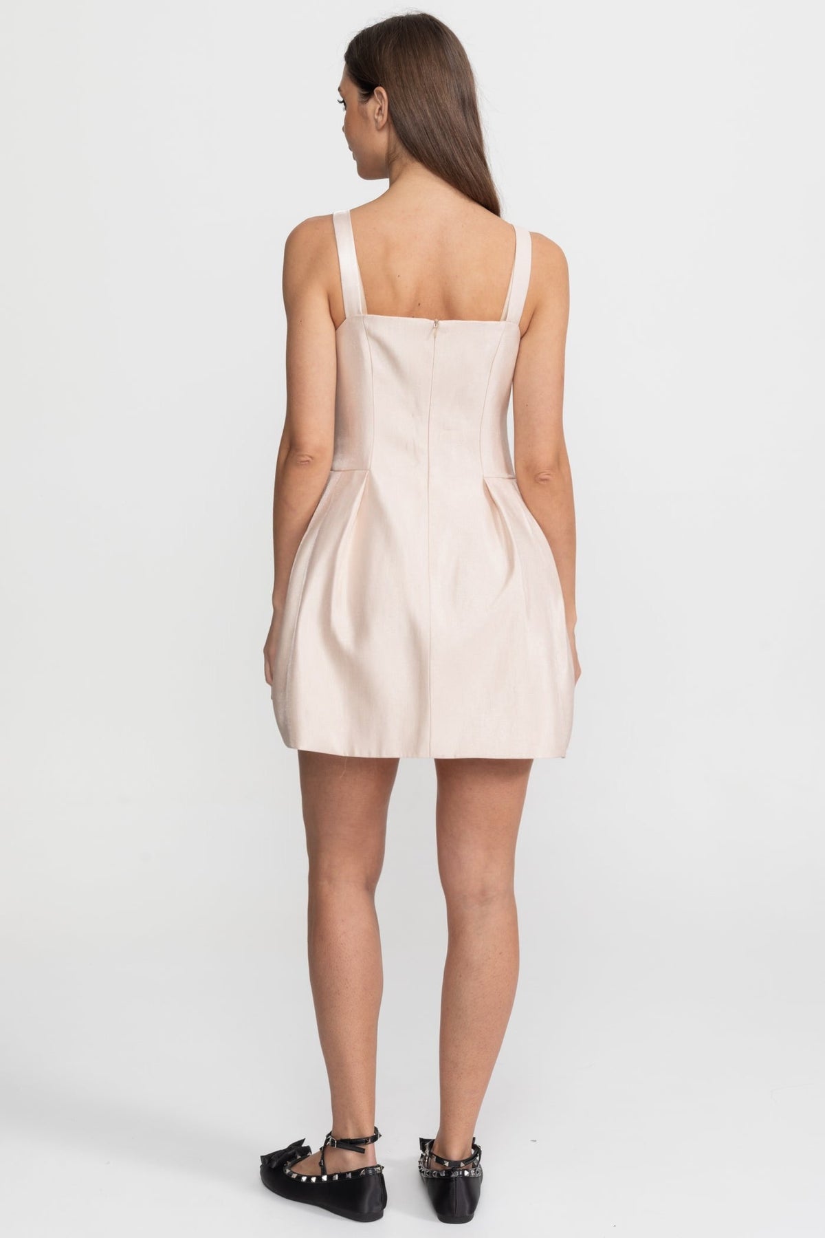 Satin Square Neck Mini Dress with Crystal Bow Straps – Blush – view 5