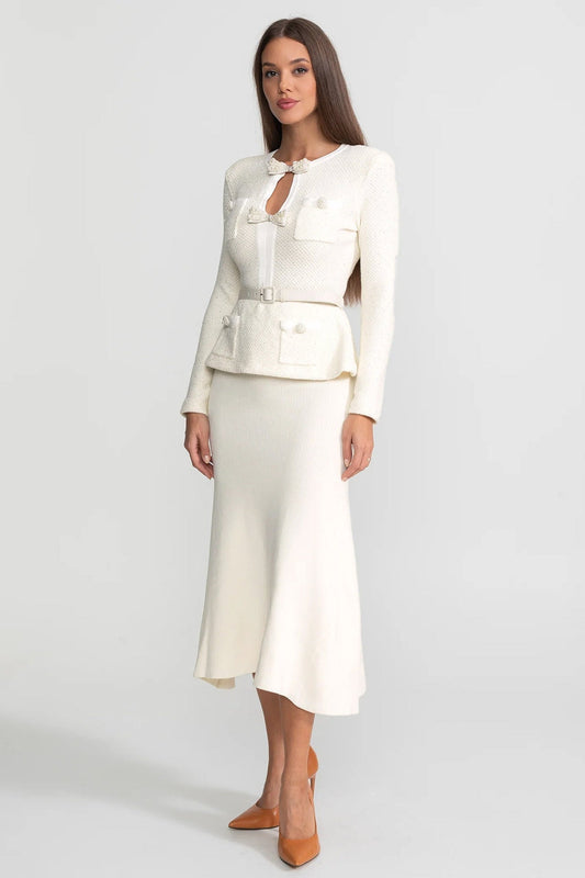 Tweed Peplum Midi Dress with Knit Skirt and Pearl Bows – Ivoire – view 2