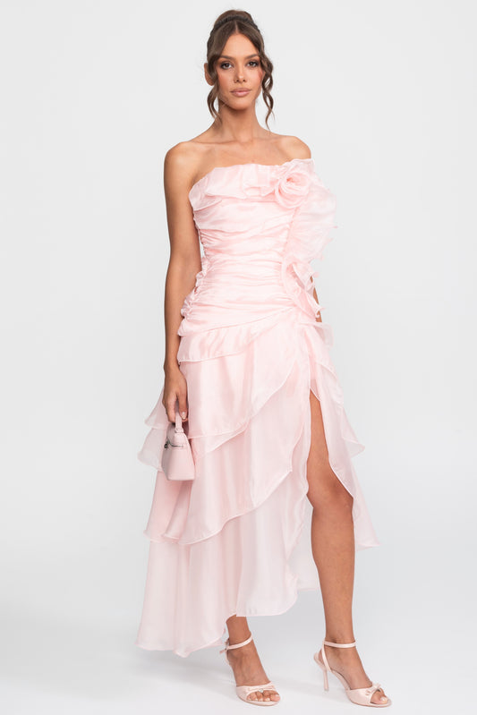 Strapless Satin Rosette Dress with Petal Hem and Front Slit – Pink – view 2