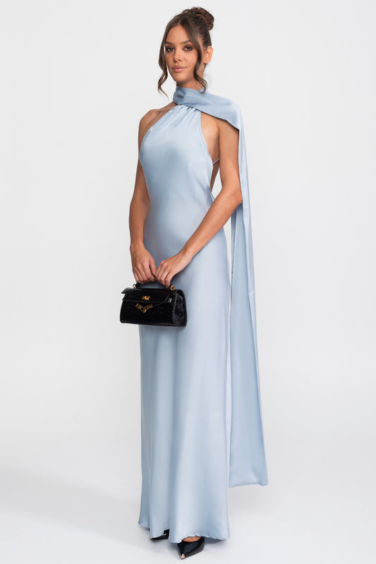 Twist Halter Satin Slip Dress with Asymmetric Neckline – Blue – view 2