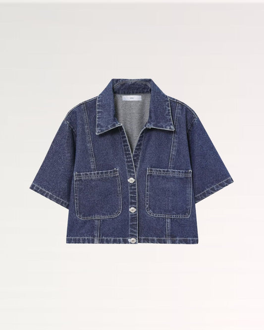 New York Pointed Collar Denim Shirt with Chest Pocket – Navy Blue