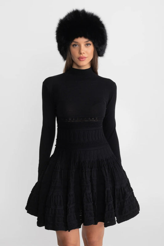 High Neck Long Sleeve Textured Knit Mini Dress with Flared Skirt – Black – view 2