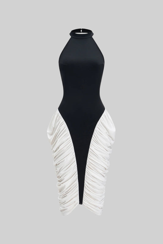 Two-Tone Ruched Halter Midi Dress in Crepe and Satin – Black & White – view 2
