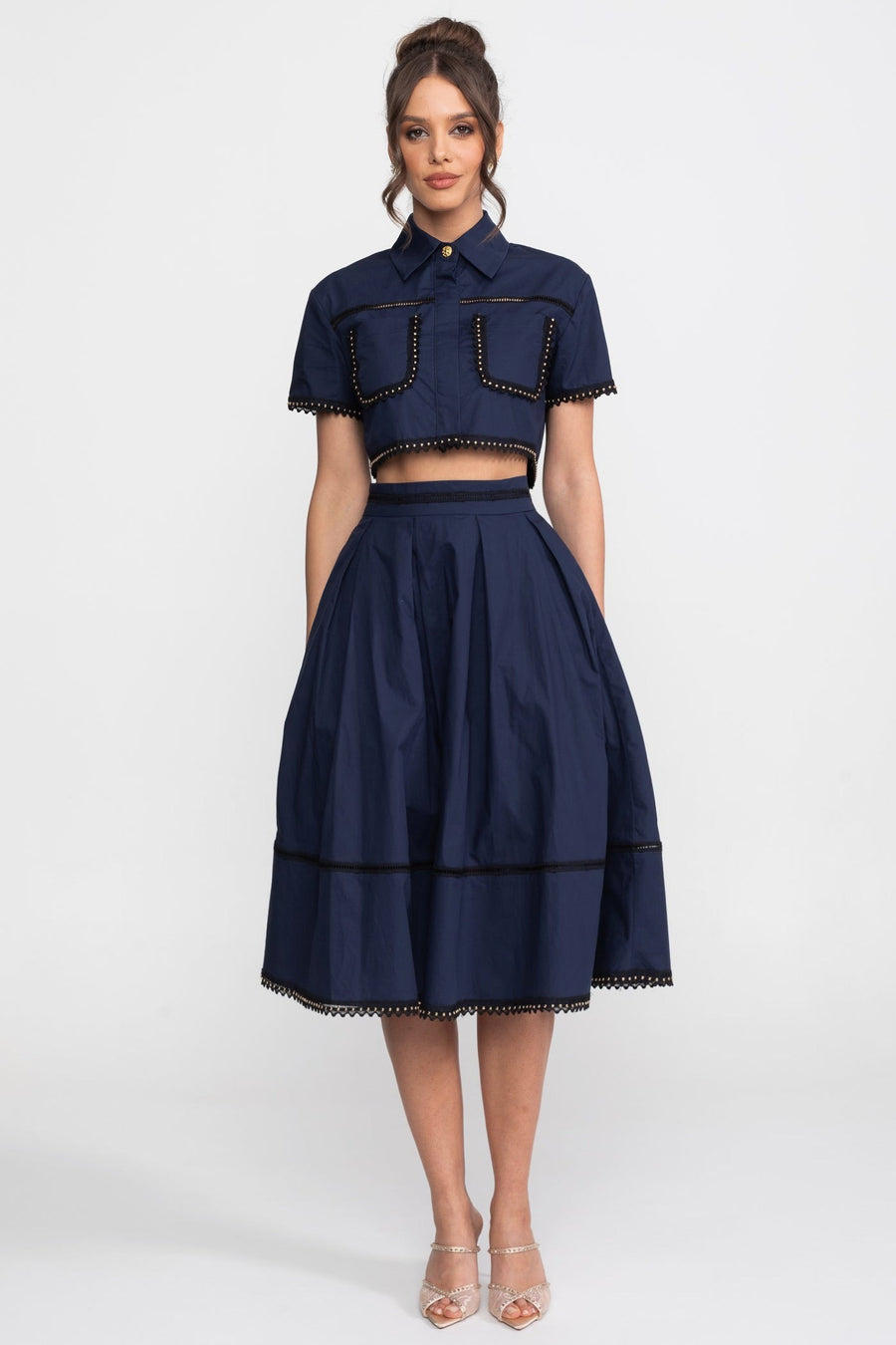 Broderie Trim Cropped Shirt and A-Line Midi Skirt Co-ord Set – Navy