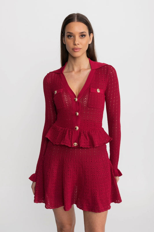 Pointelle Knit Long Sleeve Peplum Mini Dress with Gold Buttons – Dark Red – view 2