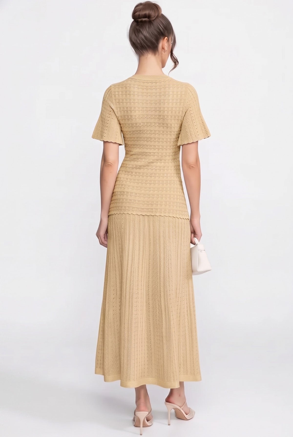 Shimmer Knit Button Front Midi Dress with Pleated Skirt – Beige – view 5