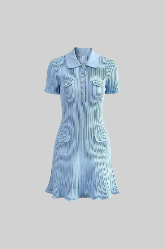 Short Sleeve Hourglass Mini Dress with Diamond-Style Buttons – Baby Blue