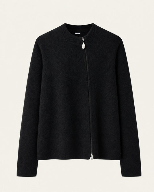 NY Cashmere Asymmetrical Zip Cardigan with Beaded Neckline