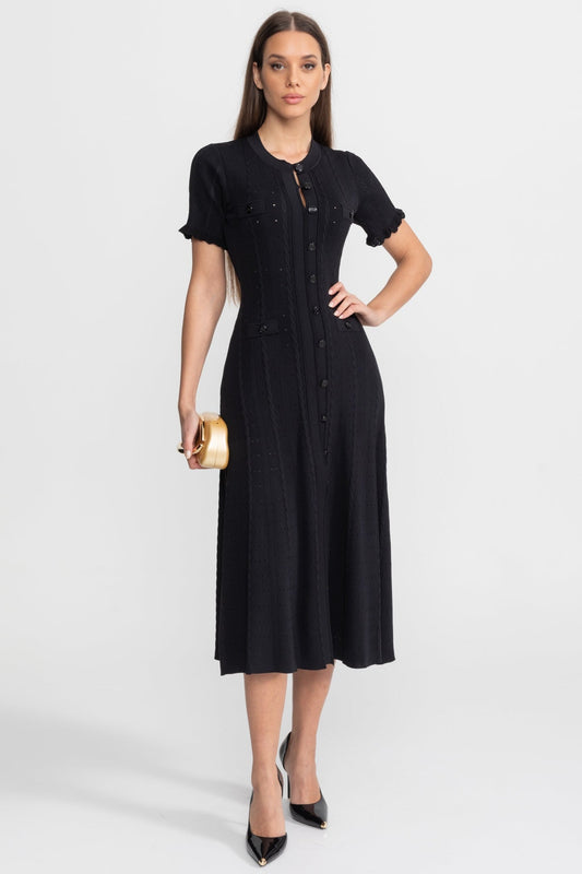 Knit Button-Front Midi Dress with Short Scalloped Sleeves – Black – view 2
