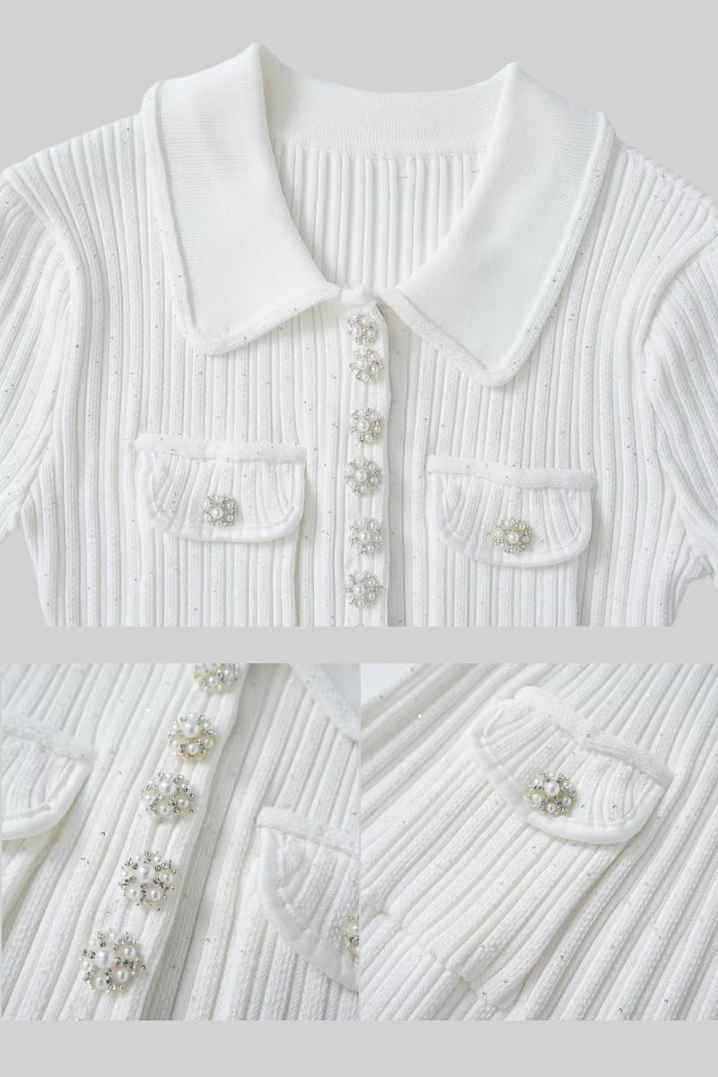 Short Sleeve Hourglass Mini Dress with Diamond-Style Buttons – White – view 18