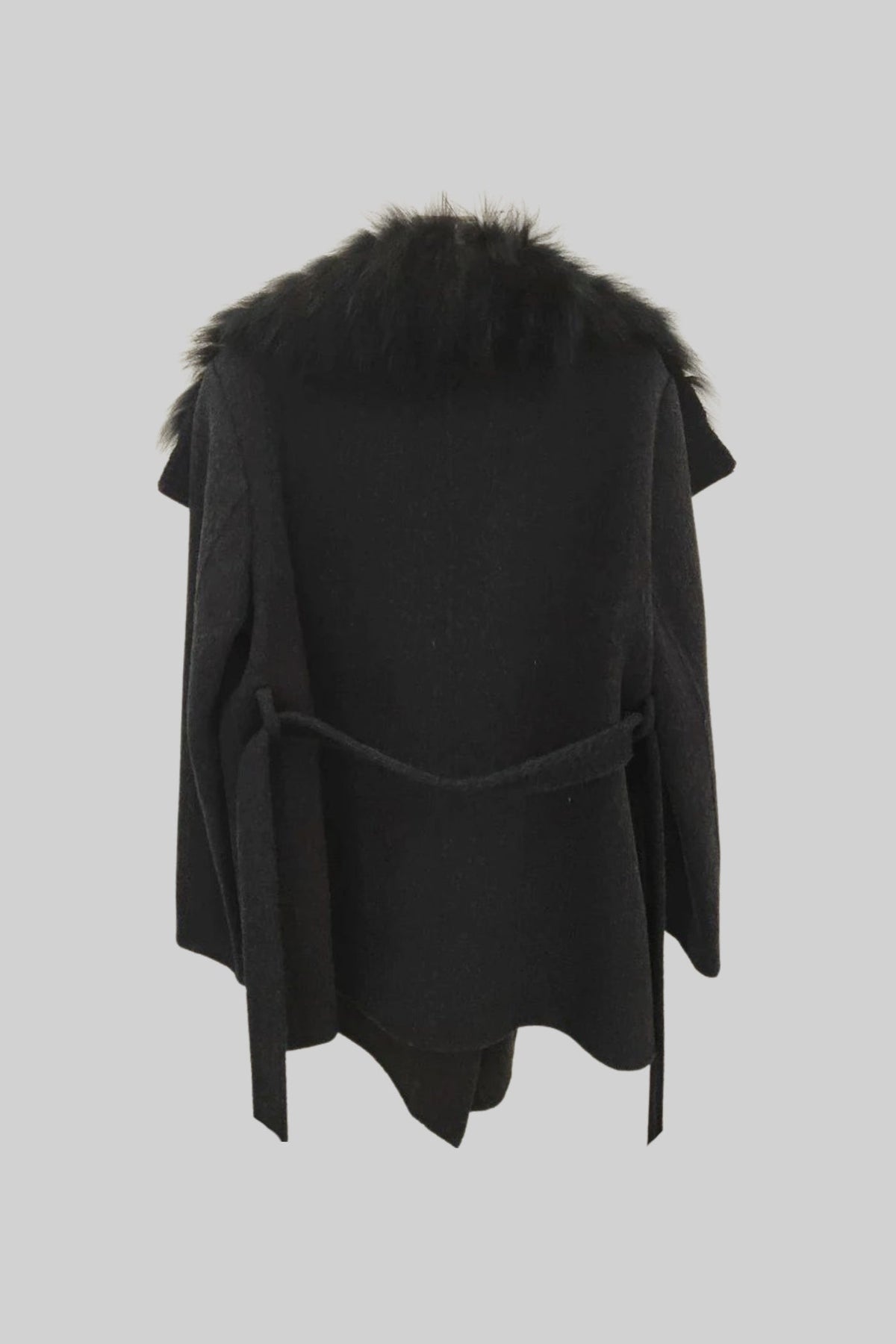 Wool Blend Coat with Oversized Shawl Collar and Belt – Black – view 4