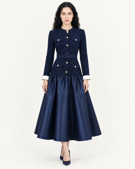 Colour Block Panelled Maxi Dress in Silk Cotton Blend – Navy – view 2