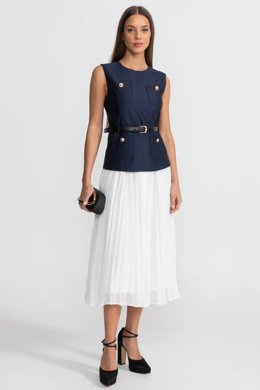 Sleeveless Belted Midi Dress with Pleated Chiffon Skirt – Navy