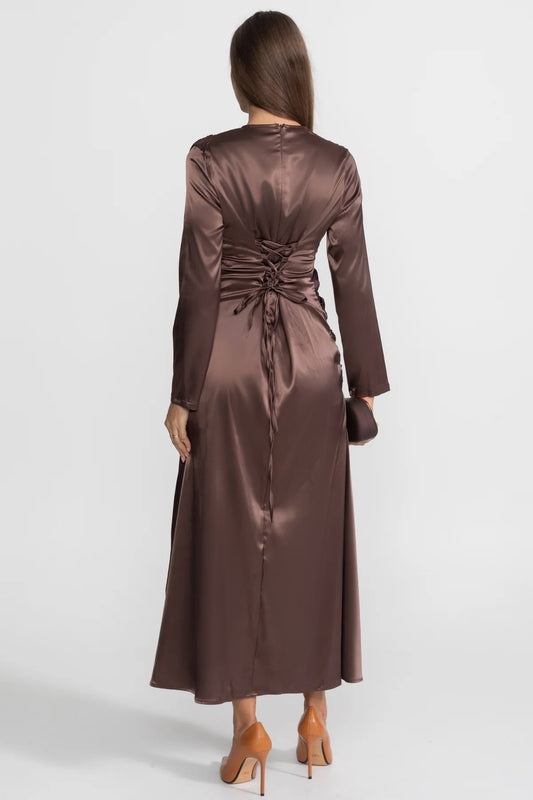 Satin Long Sleeve Midi Dress with Draped Knot Front – Brown – view 2