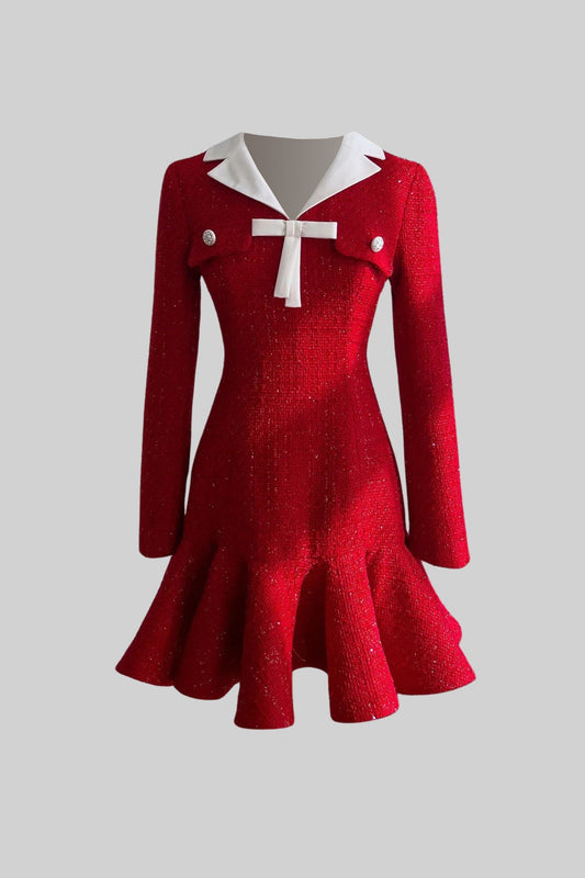 Tweed Fit-and-Flare Dress with Contrast Collar and Bow Detail – Red – view 2