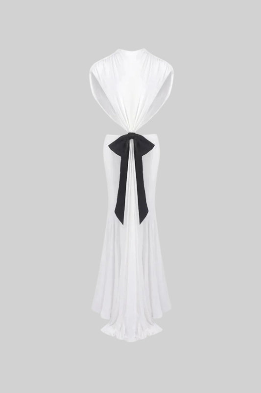 High Neck Open Back Draped Maxi Gown with Contrast Bow – White – view 2