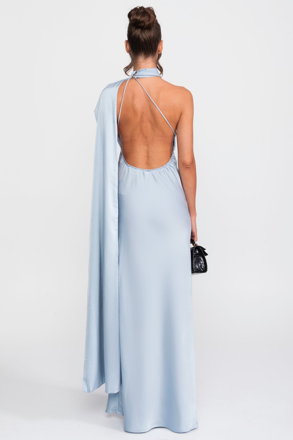 Twist Halter Satin Slip Dress with Asymmetric Neckline – Blue – view 4