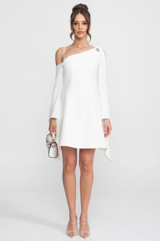 Asymmetric Cold-Shoulder A-Line Mini Dress with Gold Brooch – White