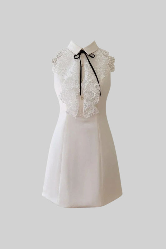 Sleeveless Collared A-Line Mini Dress with Lace Bib – Ivory – view 2