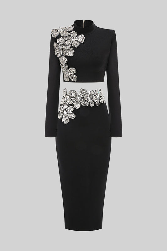 Diamond Flower Long Sleeve Top and Maxi Skirt Two-Piece Set – Black – view 2