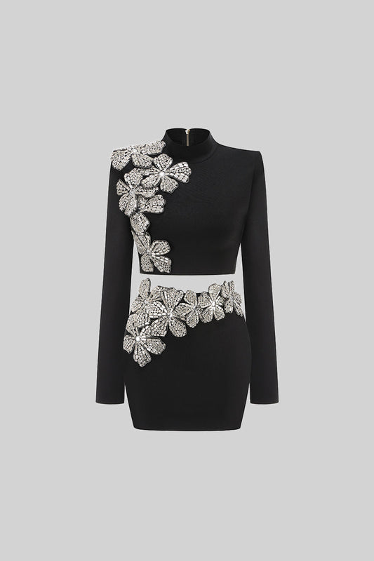 Diamond Flower Long Sleeve Top and Mini Skirt Two-Piece Set – Black – view 2