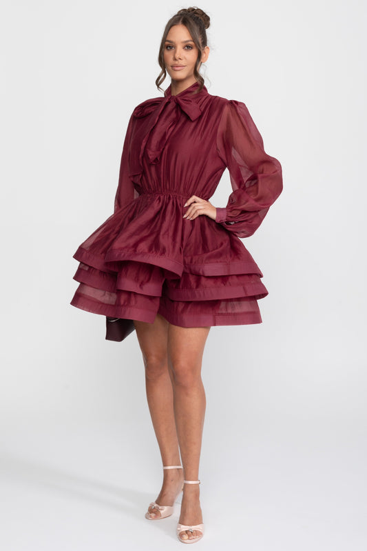 High Neck Bow Puff Sleeve Mini Dress with Tiered Ruffle Skirt – Wine – view 2