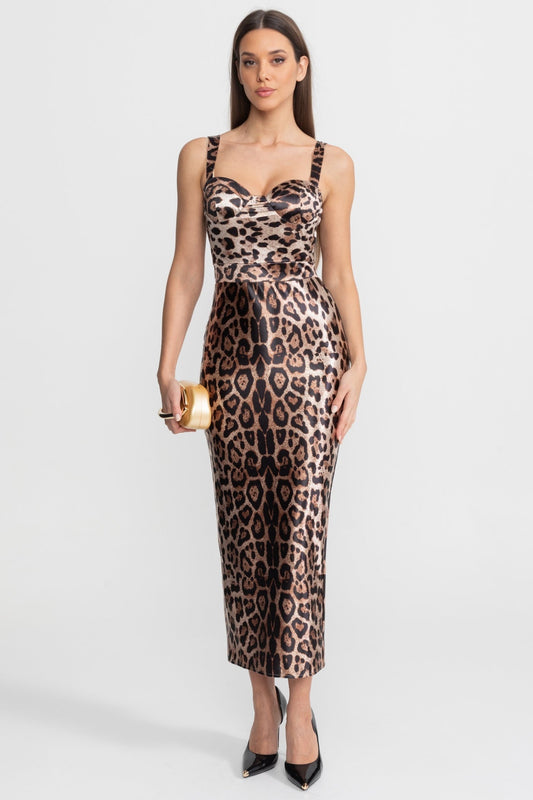 Leopard Print Satin Sweetheart Midi Dress with Wide Straps – Brown – view 2
