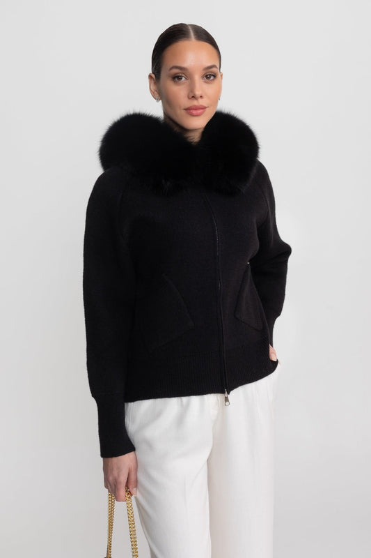 Zip-Up Wool Blend Knit Hoodie – Black – view 2