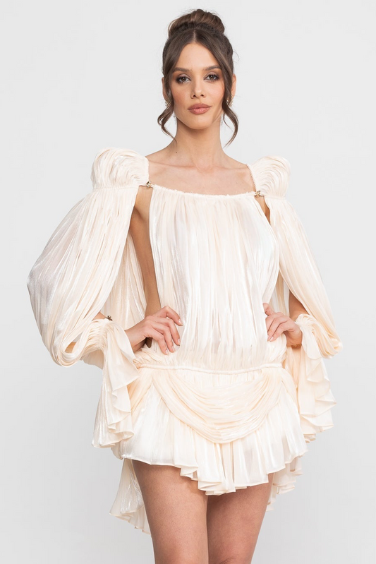 Sheer Chiffon Cape Sleeve Mini Dress with Gold Clip Detail – Ivory – view 2