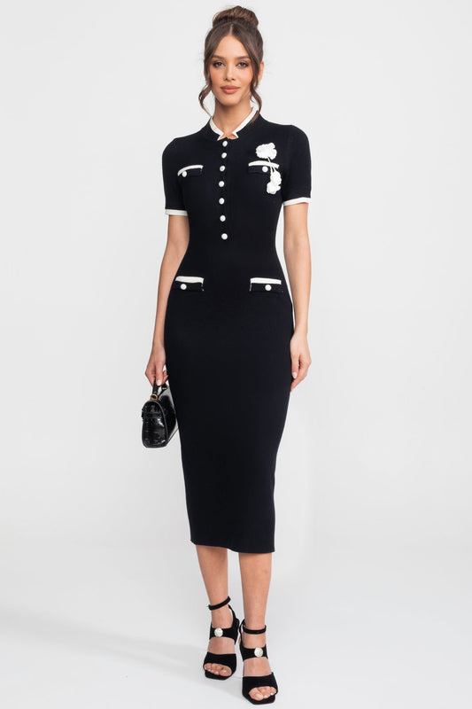 Fine Rib Knit Button-Through Midi Dress with Contrast Trim and Pockets – Black – view 2