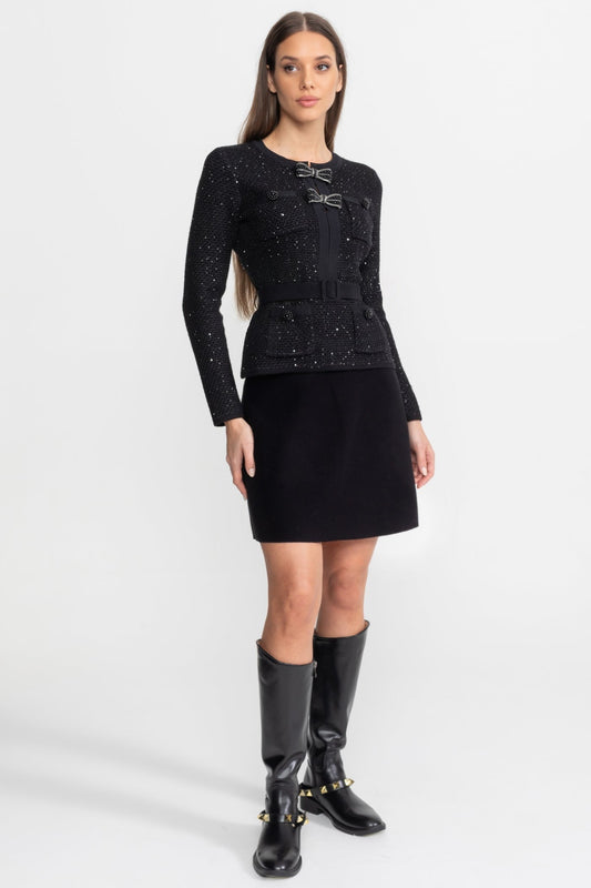 Embellished Tweed Cropped Jacket and A-Line Mini Skirt Set with Bows – Black