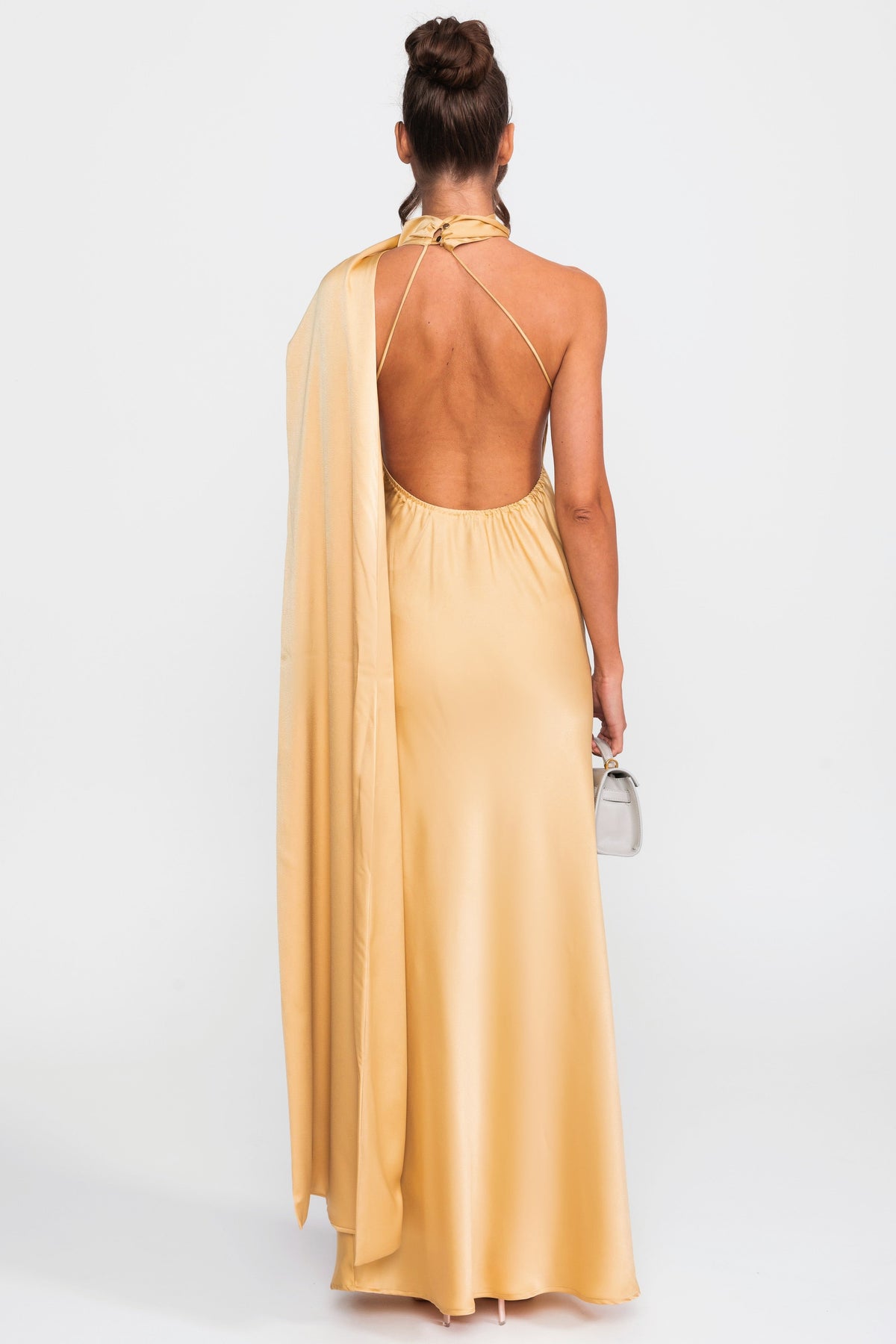 Twist Halter Satin Slip Dress with Asymmetric Neckline – Yellow – view 4