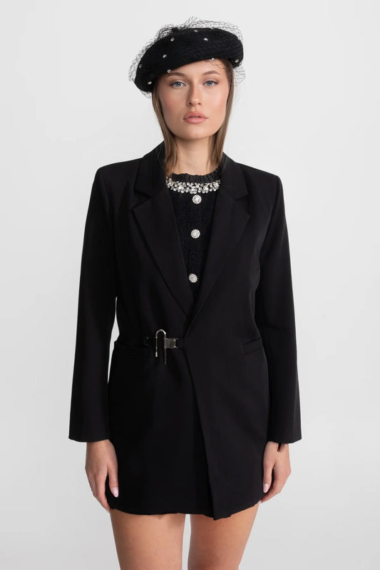 Single-Breasted Tailored Crepe Blazer with Buckle Belt – Black – view 2