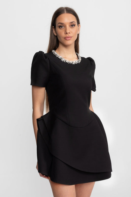 Puff Sleeve Tailored Mini Dress with Crystal Embellished Neckline – Black – view 2