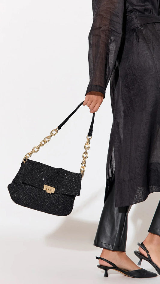 Fion Sequin Detail Boucle Bag with Chunky Chain Strap – Black – view 2