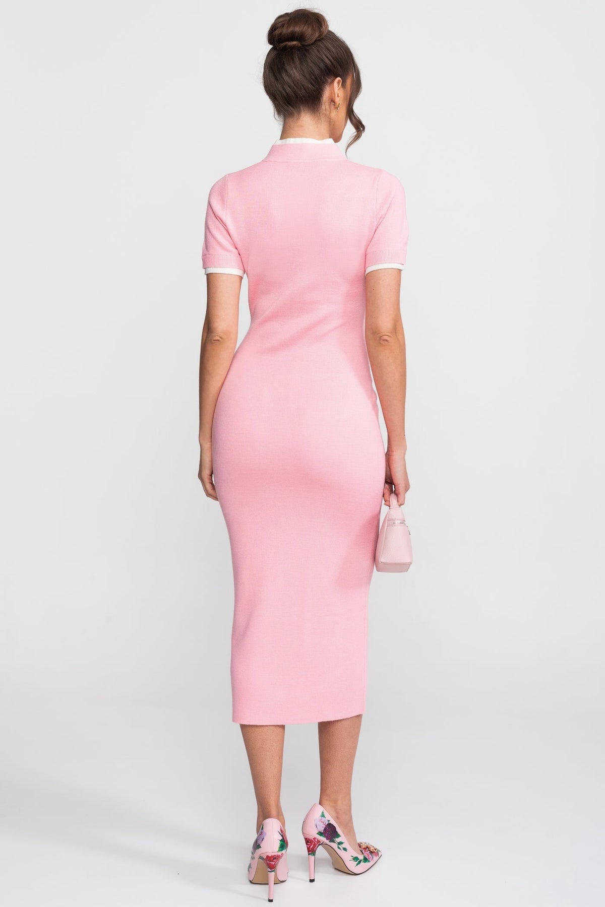 Fine Rib Knit Button-Through Midi Dress with Contrast Trim and Pockets – Pink – view 9
