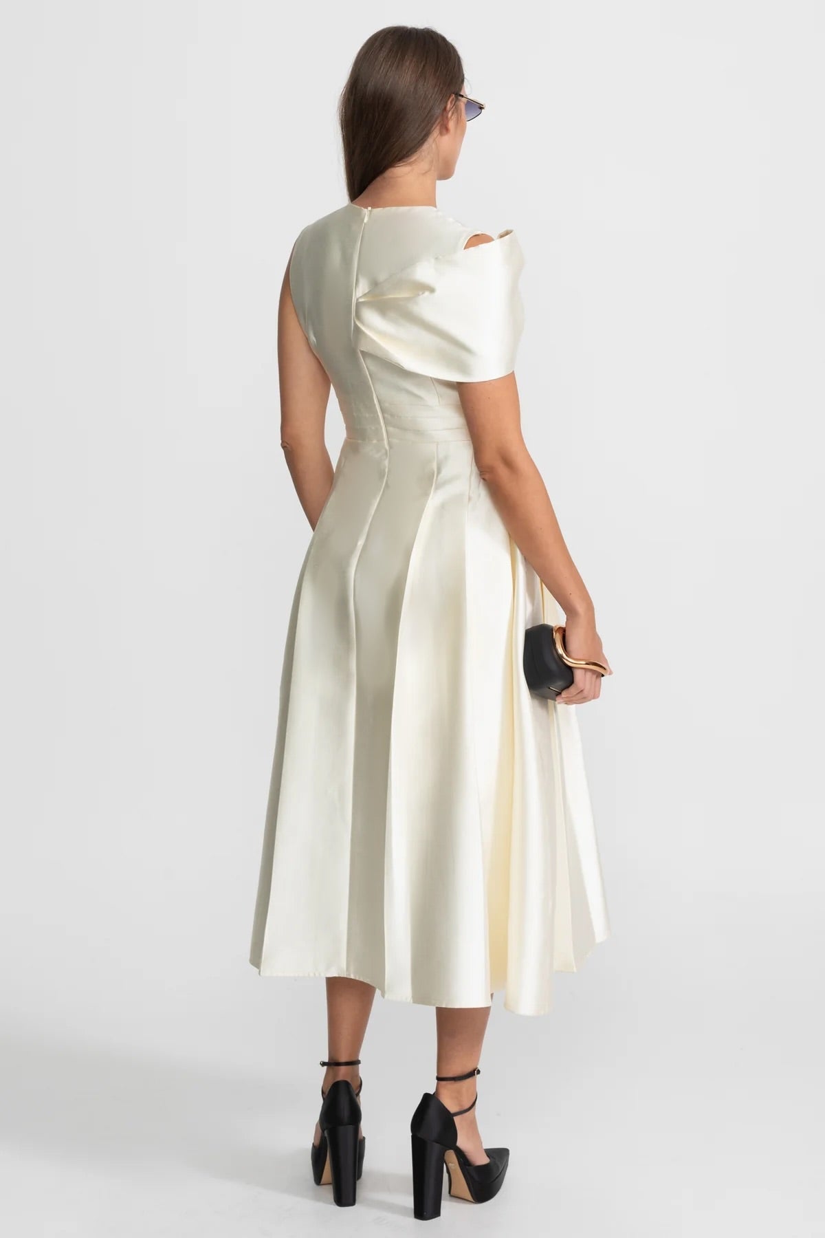 Off-Shoulder Structured Satin Midi Dress with Draped Bow Bodice – Ivory – view 6