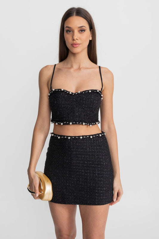 Pearl Trim Tweed Bustier Top and Mini Skirt Co-ord Set – Black – view 2