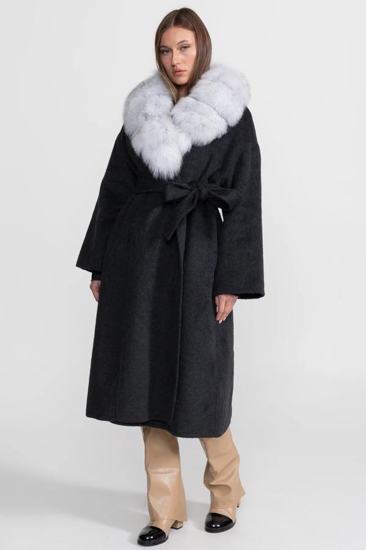 Double-Faced Wool Wrap Coat with Collar Trim and Tie Belt – Black/Grey – view 2