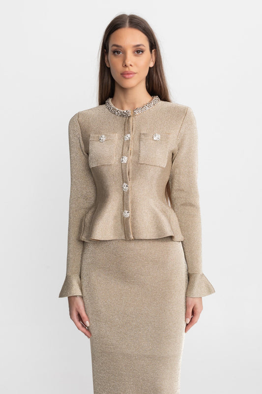 Shimmer Knit Midi Dress with Crystal Buttons and Flared Cuffs – Champagne – view 2