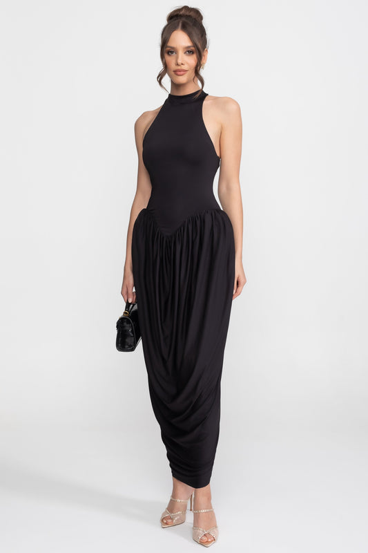 High Halter Neck Fitted Maxi Dress with Gathered Balloon Skirt – Black – view 2