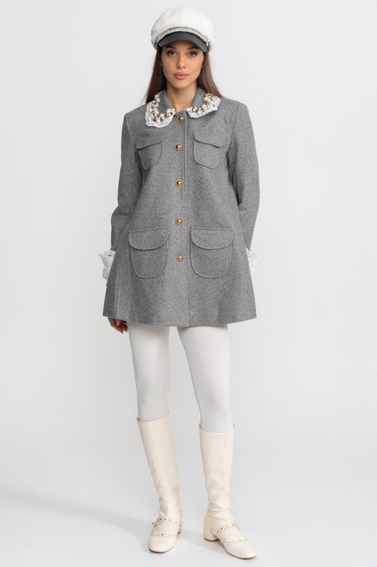 Flared Mini Coat with Pearl-Embellished Lace Collar – Grey