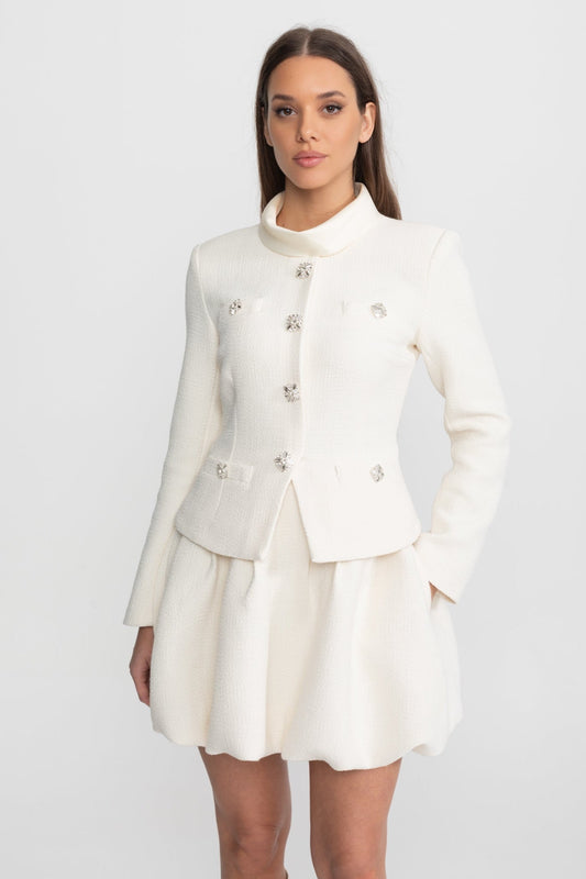 High Neck Long Sleeve Textured Mini Dress with Crystal Buttons – Ivory – view 2
